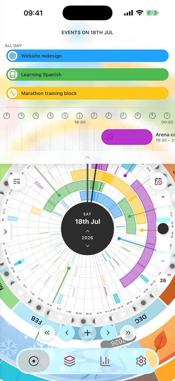 Day detail drawer with all-day events and a timeline
